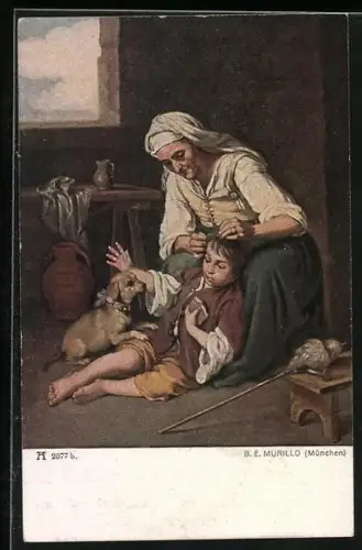 Künstler-AK B.E. Murillo, Mutter laust ihr Kind auf dem Boden, Hund bettelt um das Brot