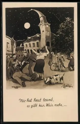 Künstler-AK Wien-Grinzing, Kirche aus der Sicht eines Betrunkenen