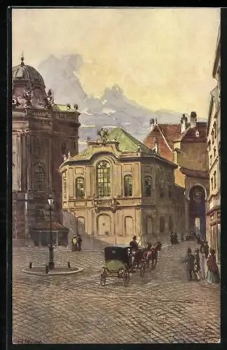 Künstler-AK Rudolf Preuss: Wien, Altes Burgtheater mit Strasse und Tordurchgang