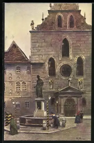 Künstler-AK Rudolf Preuss: Wien, Franziskanerkirche und Brunnen