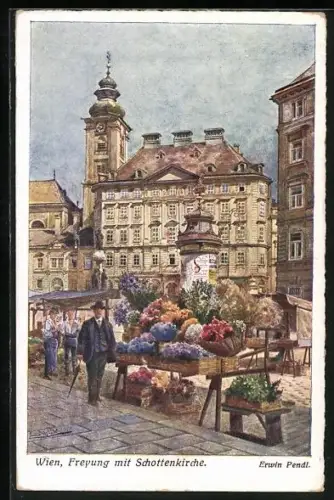 Künstler-AK Wien I, Freyung, Schottenkirche, Blumenhändler an der Litfasssäule
