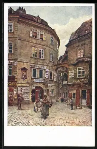 Künstler-AK Emil Czech: Wien, Griechengasse mit Weinhandlung von Heinrich Kertesz, Frau mit Korb