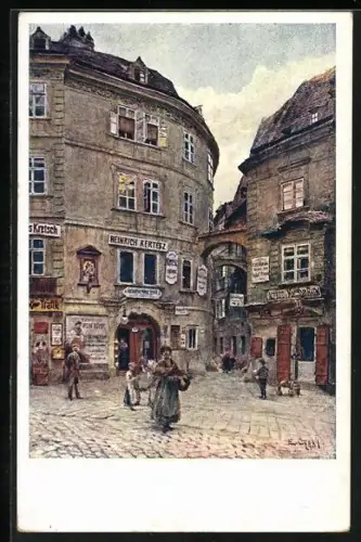 Künstler-AK Emil Czech: Wien, Griechengasse mit Weinhandlung von Heinrich Kertesz, Frau mit Korb
