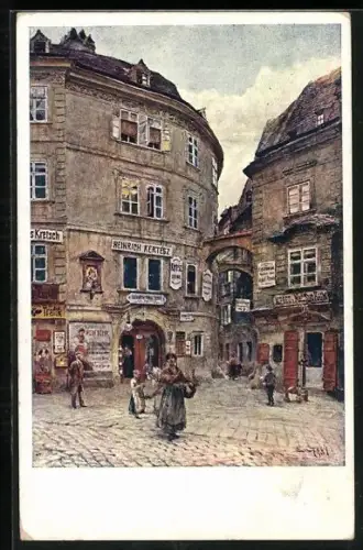 Künstler-AK Emil Czech: Wien, Griechengasse mit Weinhandlung von Heinrich Kertesz, Frau mit Korb