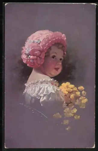 Künstler-AK Ludwig Knoefel: Kleines Mädchen mit rosafarbener Rüschenkappe und gelben Blumen