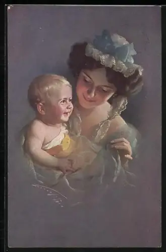 Künstler-AK Ludwig Knoefel: Mutter mit lachendem Baby auf dem Schoss