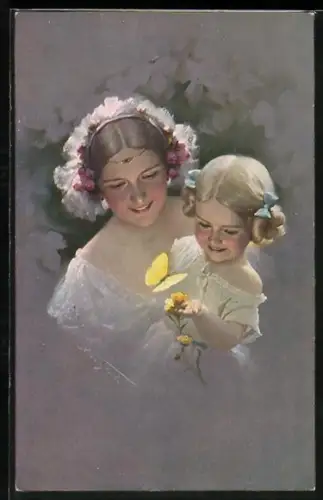 Künstler-AK Ludwig Knoefel: Mutter und Tochter mit Blume