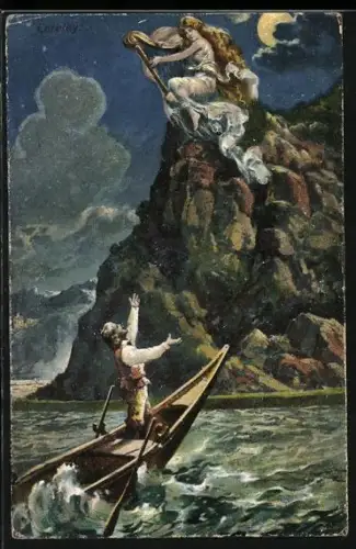 AK Loreley und im Boot stehender Fischer