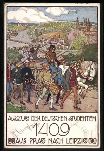 Künstler-AK Prag, Auszug der deutschen Studenten aus Prag nach Leipzig 1409