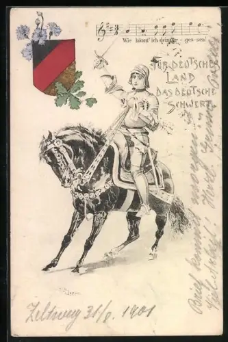 Künstler-Lithographie Ulrich Weber: Für deutsches Land das deutsche Schwert, Reiter in Gestechrüstung zu Pferd