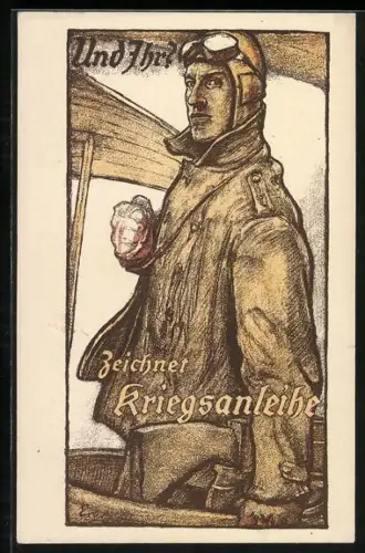 Künstler-AK Pilot in seinem Flugzeug, Zeichnung einer Kriegsanleihe