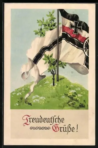 AK Fahne und Baum auf einem Hügel, Pfingstgruss