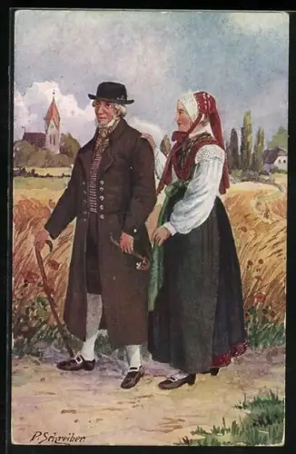 Künstler-AK Dame in Tracht aus der Ratzeburger Gegend mit ihrem Gatten