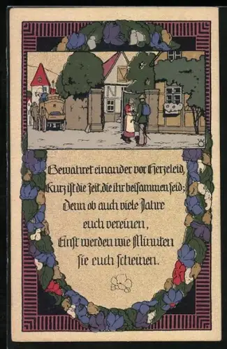 Steindruck-AK Dorfidylle mit Pferdekutsche, Spruch