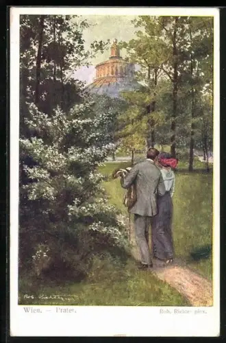 Künstler-AK Wien, Prater, Mann und Frau im Park