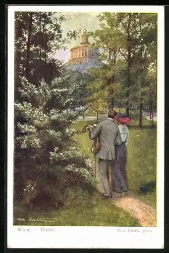 Künstler-AK Wien, Prater, Mann und Frau im Park
