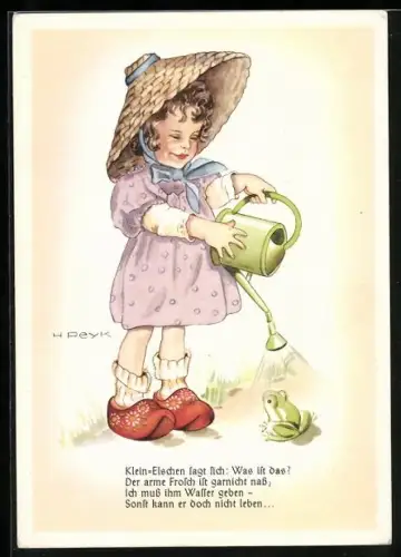 Künstler-AK Hilla Peyk: Klein-Elschen begiesst einen Frosch mit Wasser