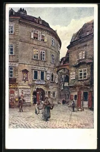 Künstler-AK Emil Czech: Wien, Griechengasse mit Weinhandlung von Heinrich Kertesz, Frau mit Korb