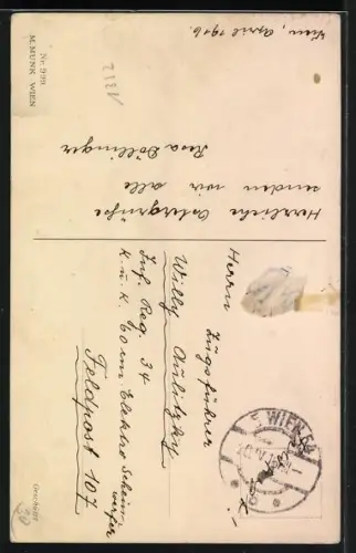 Künstler-AK Osterengel spielt auf Vogelkasten sitzend Harfe