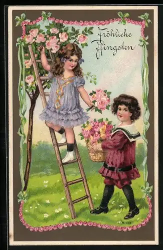 Präge-AK Kinder pflücken Rosenblüten, Fröhliche Pfingsten