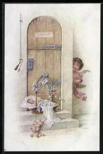 Künstler-AK Amor bringt ein Baby an eine Haustür