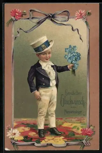 Präge-AK Junger Bursche im Anzug mit Vergissmeinnicht zum Namenstag