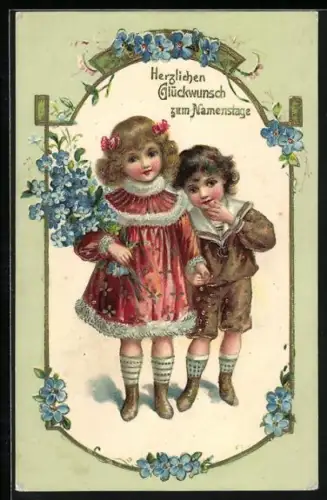 AK Kinder mit Vergissmeinnicht und Glückwunsch zum Namenstag