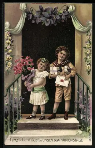 AK Glückwunsch zum Namenstage, kleine Gratulanten mit Geschenken