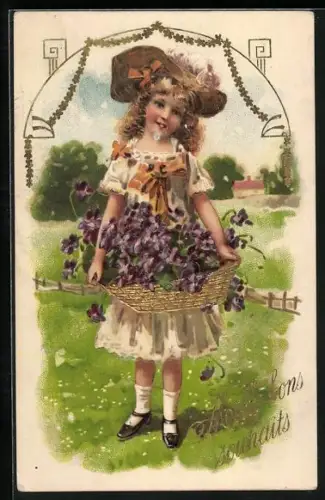 Präge-AK Kleines Mädchen mit einem goldenen Korb voller Veilchen, Meille bons souhaits