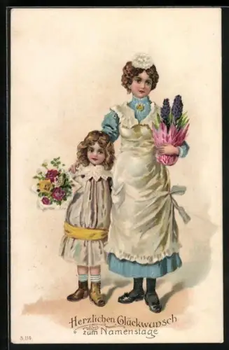 Präge-AK Mutter und Tochter gratulieren mit Blumen zum Namenstag