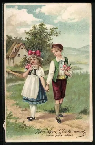 Präge-AK Glückwunsch zum Geburtstag, Kleines Paar im Grünen