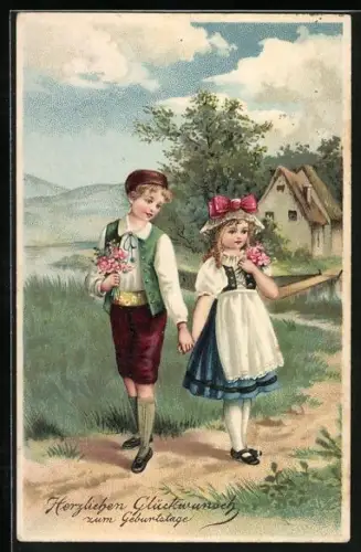 Präge-AK Kleines Paar auf einem Feldweg, Glückwunsch zum Geburtstag