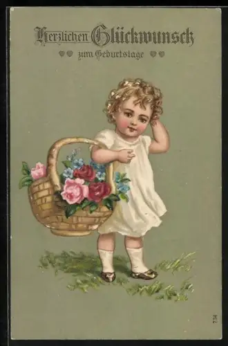 Präge-AK Herzlichen Glückwunsch zum Geburtstage, Kind mit Blumenkorb