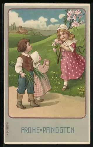 AK Kinder mit blühendem Zweig auf einem Feldweg, Frohe Pfingsten