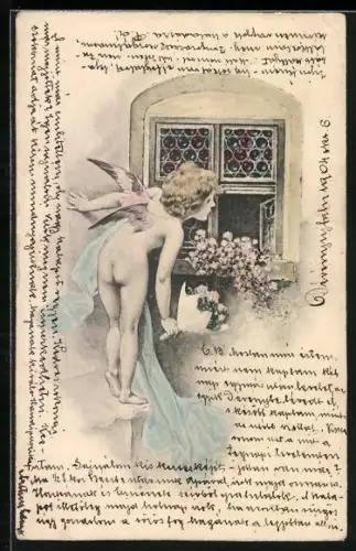 AK Amor bringt einen Rosenstrauss an ein Fenster