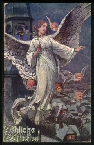 Künstler-AK Weihnachtsengel umringt von Engelsgesichtern an der Kirche