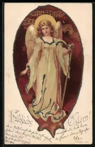 AK Osterengel mit Noten und Harfe