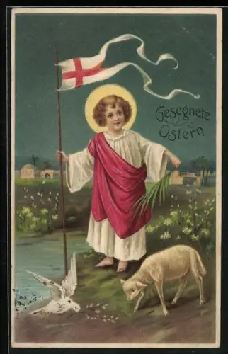 AK Christkind mit Fahne und Osterlamm, Gesegnete Ostern
