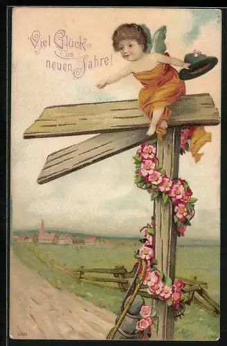 Präge-AK Kleiner Neujahrsengel sitzt auf einem Wegweiser