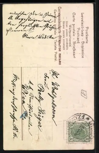 Präge-AK Kleiner Neujahrsengel sitzt auf einem Wegweiser