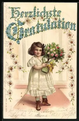 Präge-AK Mädchen gratuliert mit Blumen im Topf