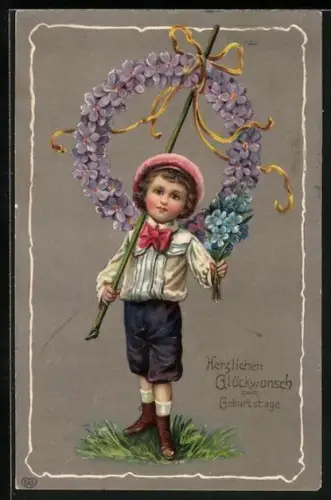Präge-AK Glückwunsch zum Geburtstag, Junge trägt einen Blumenkranz