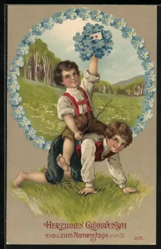 Präge-AK Junge reitet auf seinem Kameraden, Glückwunsch zum Namenstag