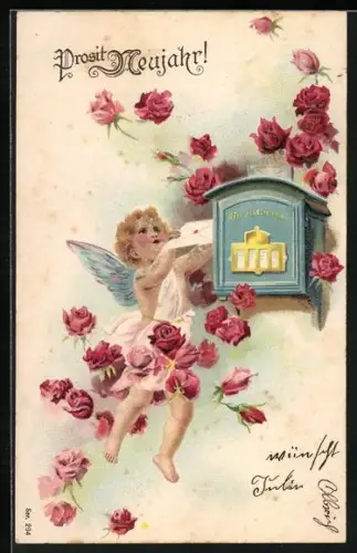 Präge-AK Kleiner Neujahrsengel steckt einen Brief in den Briefkasten