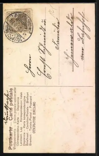 Präge-AK Kleiner Neujahrsengel steckt einen Brief in den Briefkasten