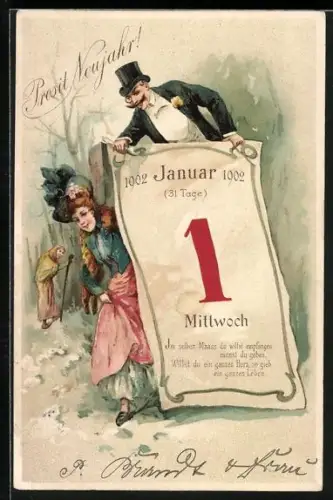 Präge-AK Neujahrsgruss, Herr und Dame mit Kalenderblatt
