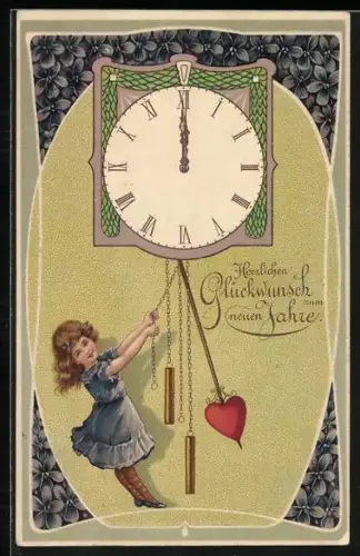 AK Mädchen lässt eine Uhr um Mitternacht läuten, Neujahrsgruss