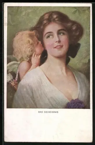Künstler-AK M. Munk Nr. 1089: Das Geheimnis, Amor flüstert schöner Frau ins Ohr