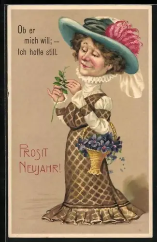 AK Frau mit Veilchen in einem Korb, Neujahrsgruss