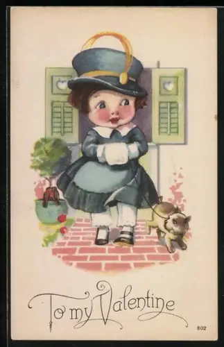 AK Mädchen geht mit ihrem Hund spazieren, Valentinstag